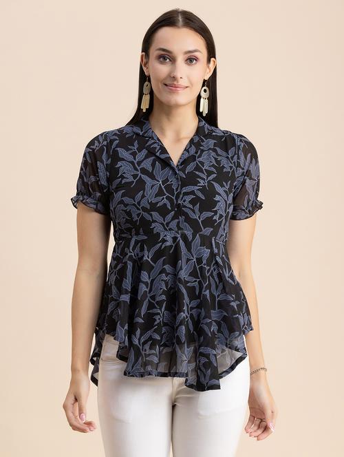 black printed lapel neck peplum top - 20325690 - Standard Image - 0