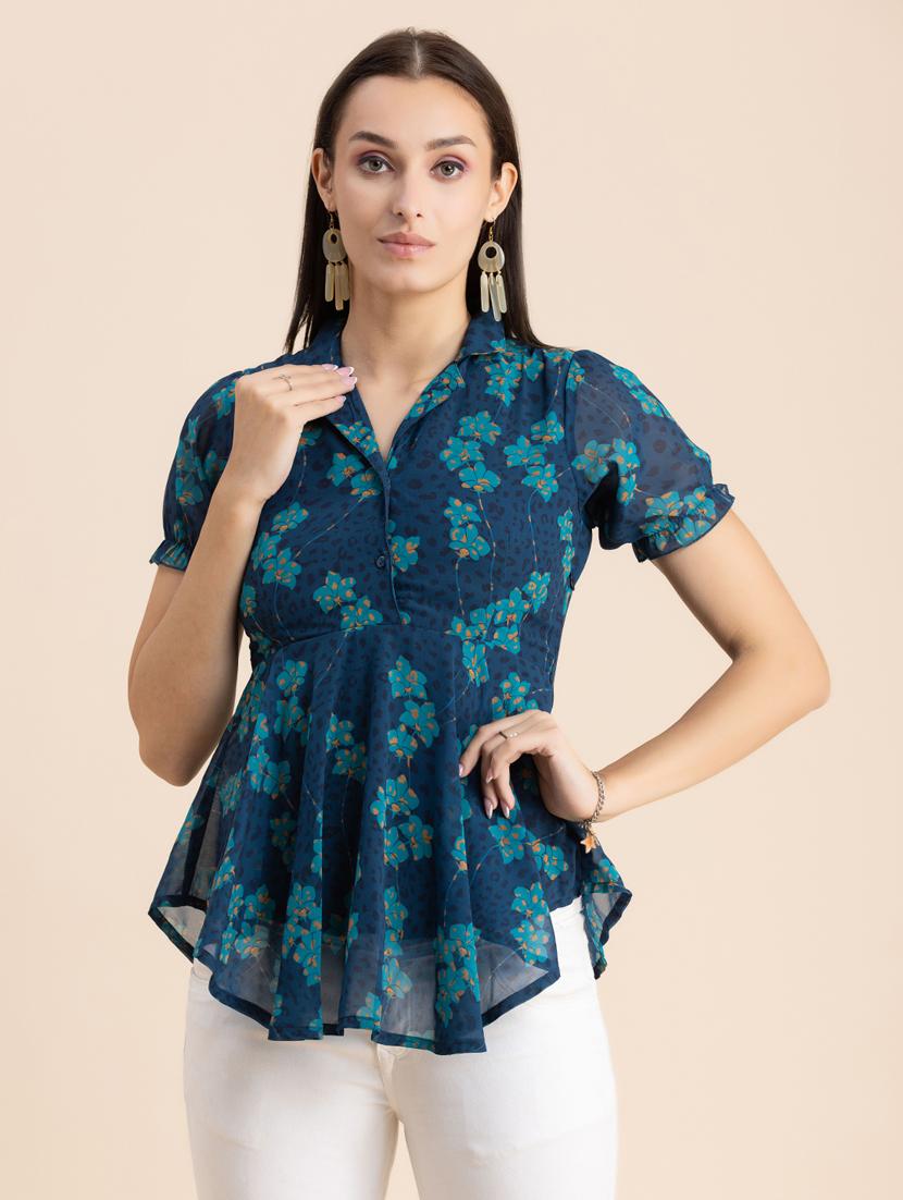 blue floral print lapel neck peplum top - 20325692 -  Zoom Image - 0
