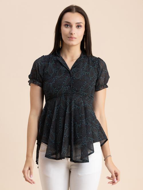 navy blue paisley print peplum top - 20325696 - Standard Image - 0