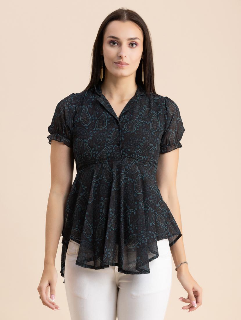 navy blue paisley print peplum top - 20325696 - Zoom Image - 0