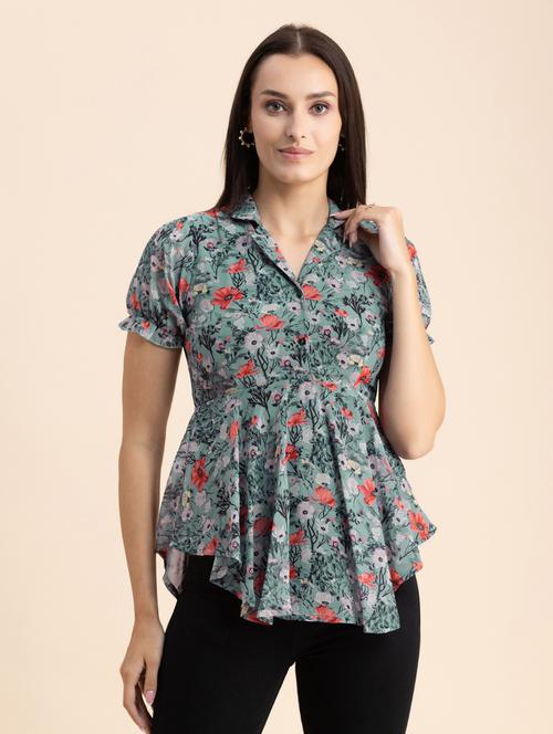 green poly georgette peplum top - 20325698 -  Standard Image - 0