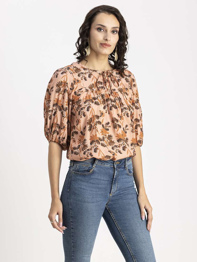 peach printed tie up neck regular top - 20325784 -  Standard Image - 2