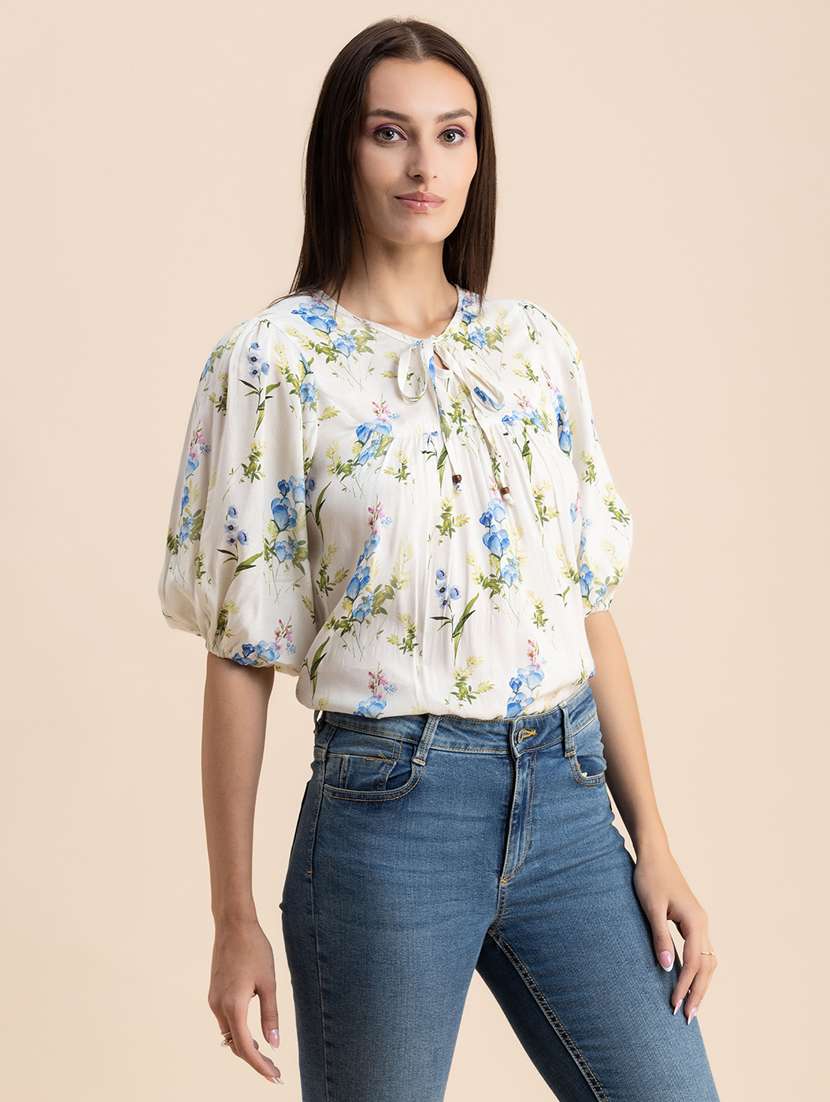 women floral print tie up neck top - 20325788 -  Standard Image - 2