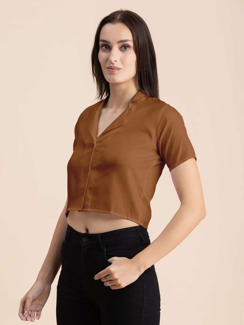 brown solid lapel neck crop top - 20325805 - Standard Image - 2