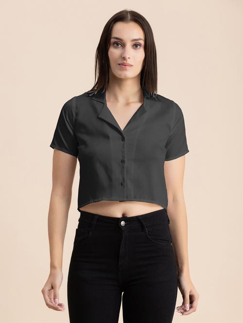 grey solid lapel neck crop top - 20325806 - Standard Image - 0