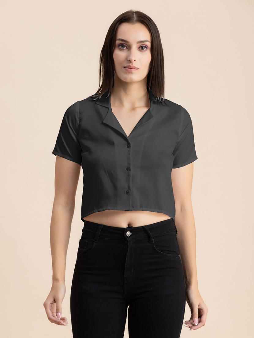 grey solid lapel neck crop top - 20325806 - Zoom Image - 0