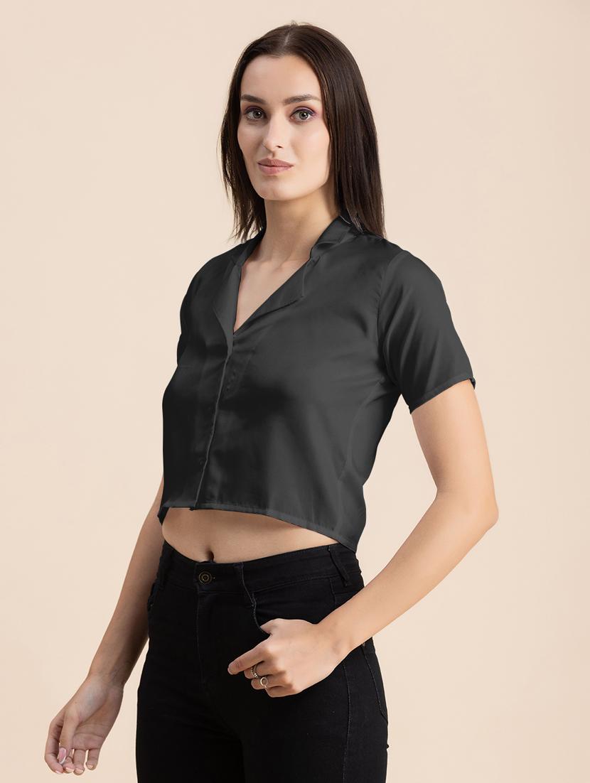 grey solid lapel neck crop top - 20325806 - Standard Image - 2