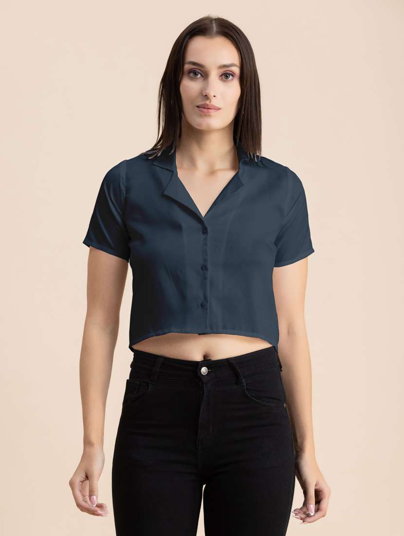 navy blue solid lapel neck crop top