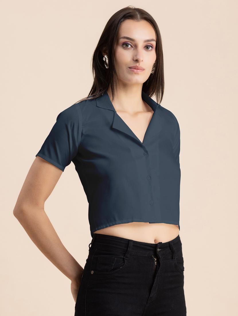 navy blue solid lapel neck crop top - 20325807 - Standard Image - 2