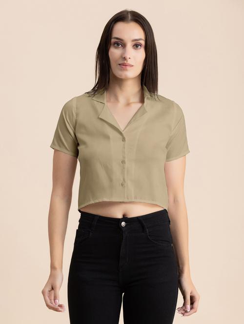 beige solid lapel neck crop top - 20325808 -  Standard Image - 0