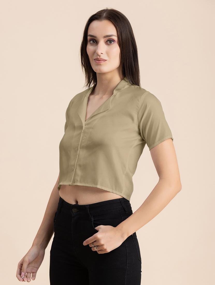 beige solid lapel neck crop top - 20325808 - Standard Image - 2