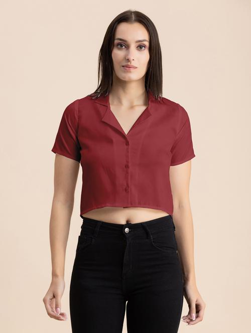 maroon solid lapel neck crop top - 20325809 - Standard Image - 0