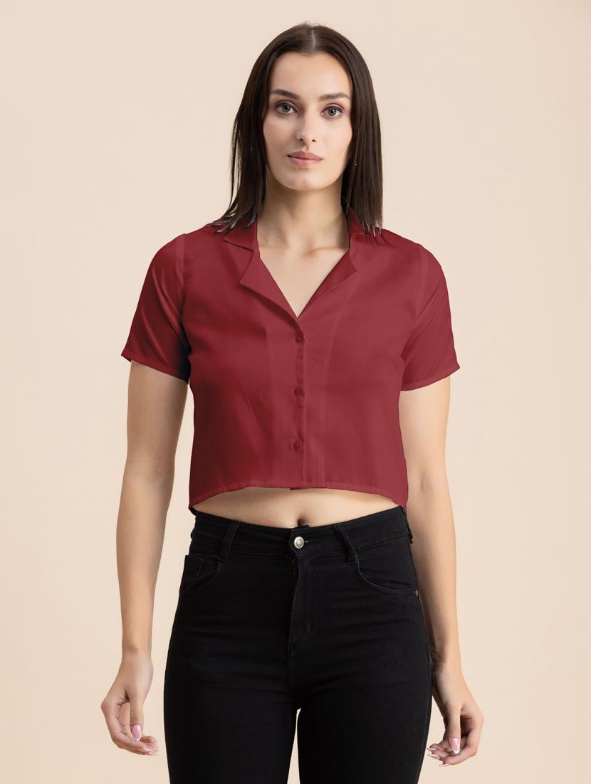 maroon solid lapel neck crop top - 20325809 - Zoom Image - 0