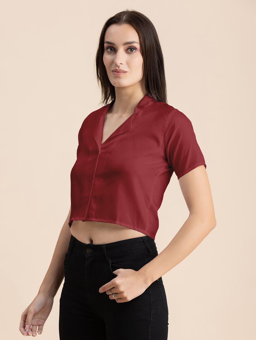 maroon solid lapel neck crop top - 20325809 - Standard Image - 2