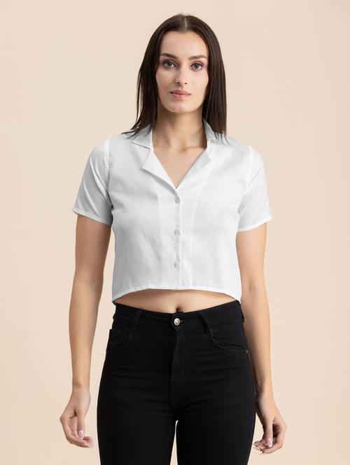 white solid lapel neck crop top - 20325810 - Standard Image - 0