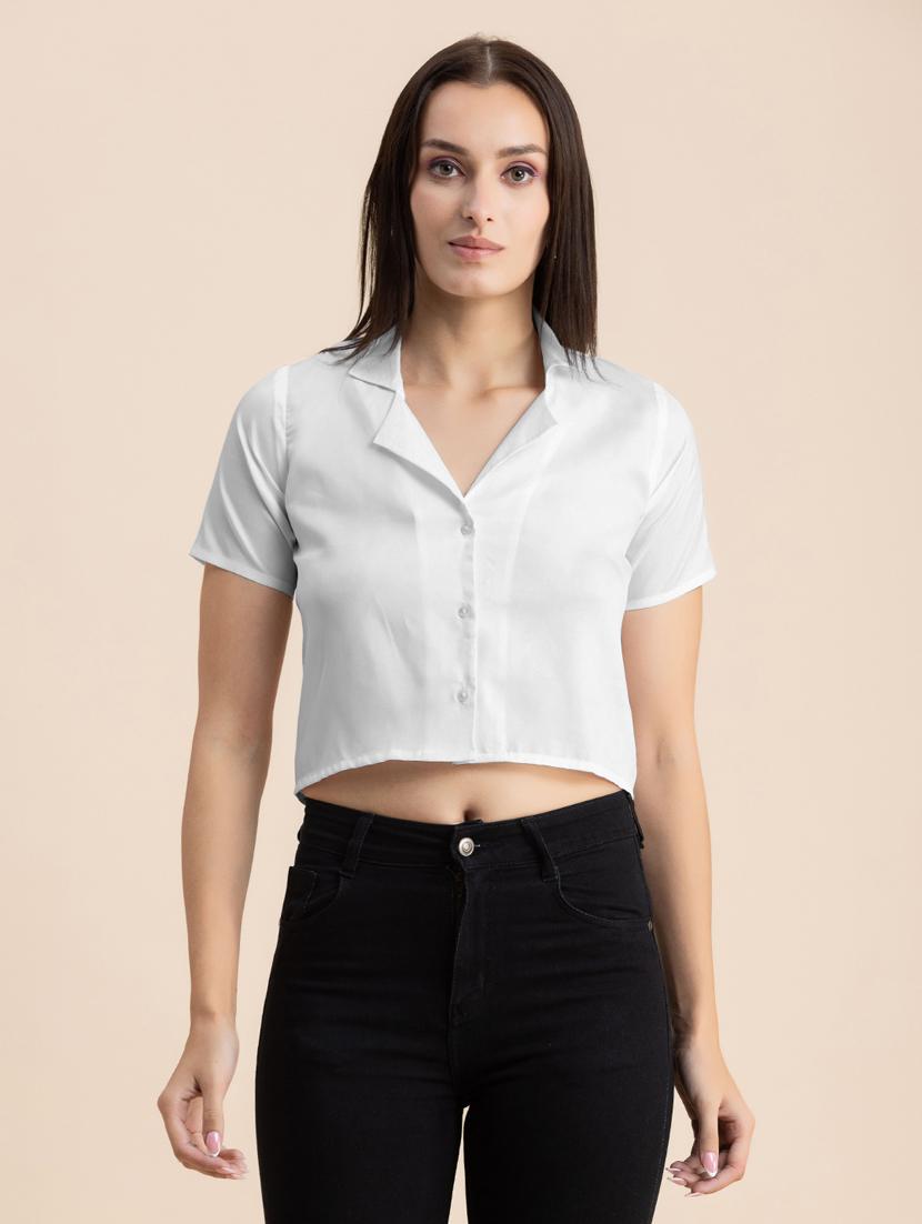 white solid lapel neck crop top - 20325810 - Zoom Image - 0