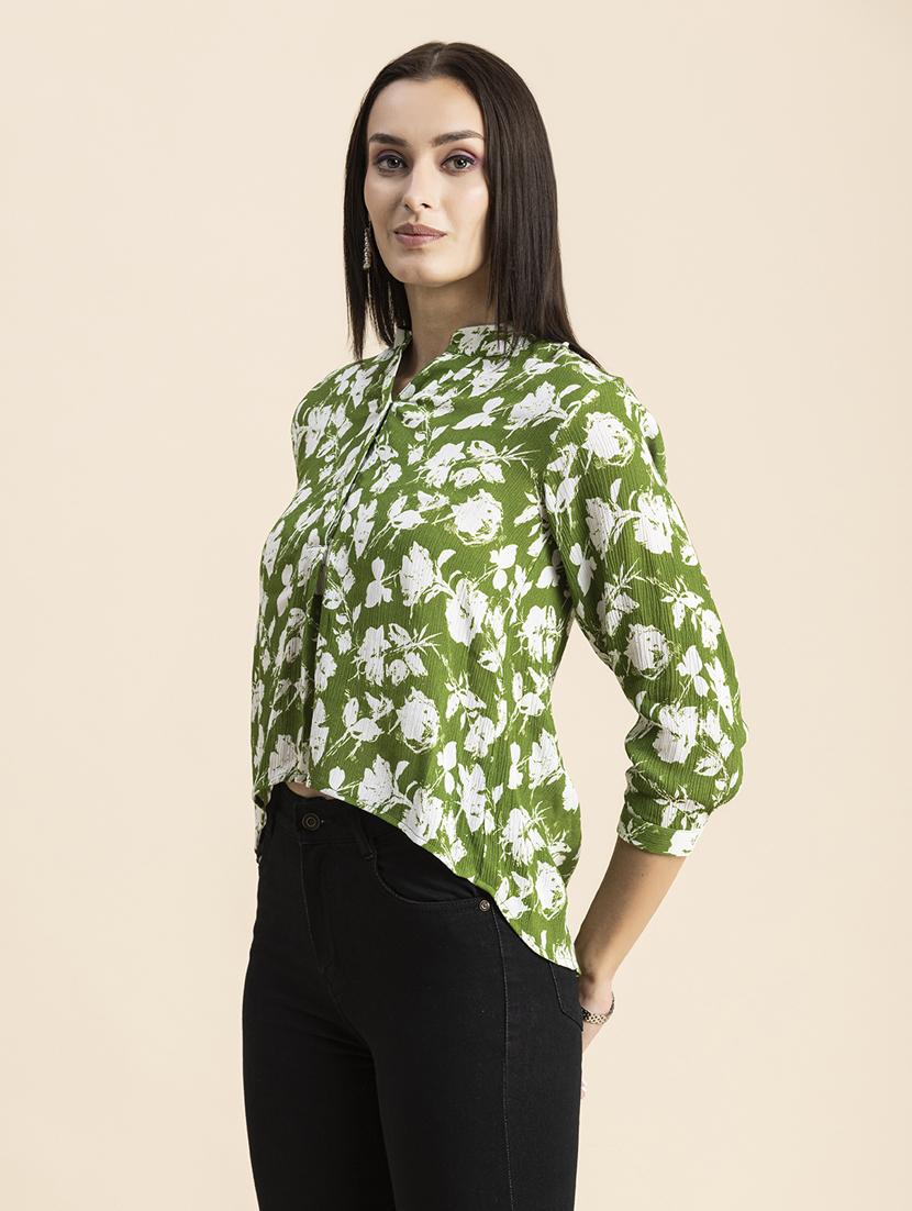 women printed mandarin neck high low top - 20325811 - Standard Image - 2