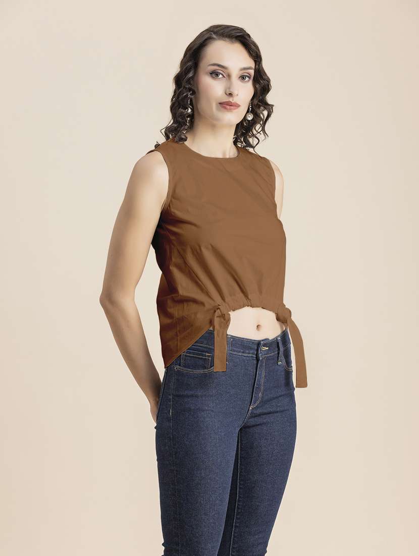 brown solid sleeveless crop top - 20325818 -  Standard Image - 2