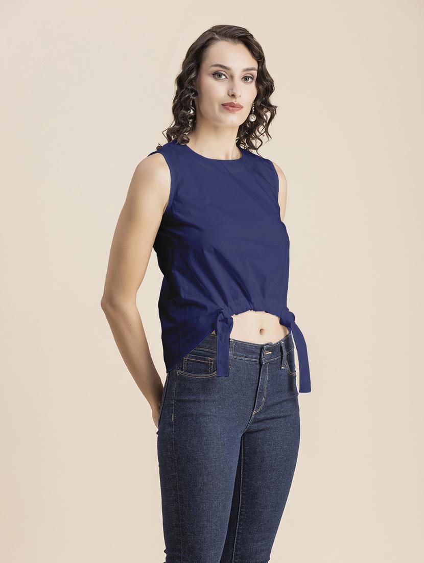 navy blue solid sleeveless crop top - 20325820 - Standard Image - 2