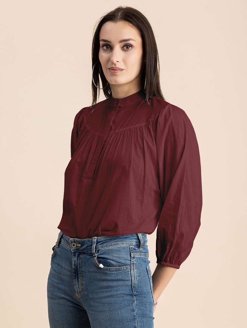 maroon solid puff sleeves regular top - 20325825 -  Standard Image - 2
