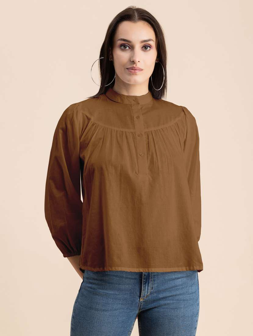 brown solid puff sleeves regular top - 20325826 -  Zoom Image - 0