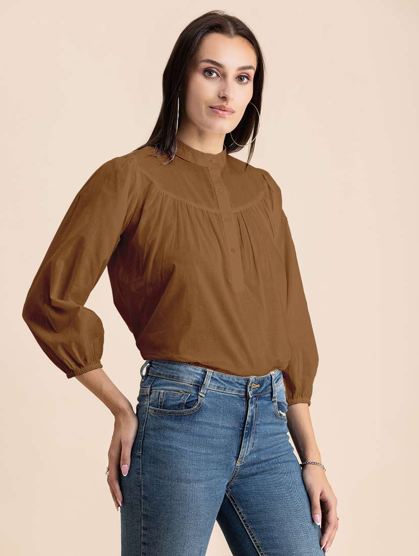 brown solid puff sleeves regular top - 20325826 - Standard Image - 2
