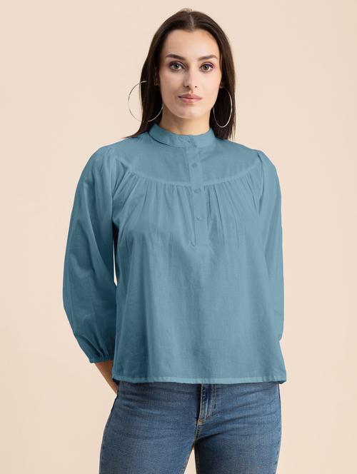 light blue solid puff sleeves regular top - 20325827 - Standard Image - 0