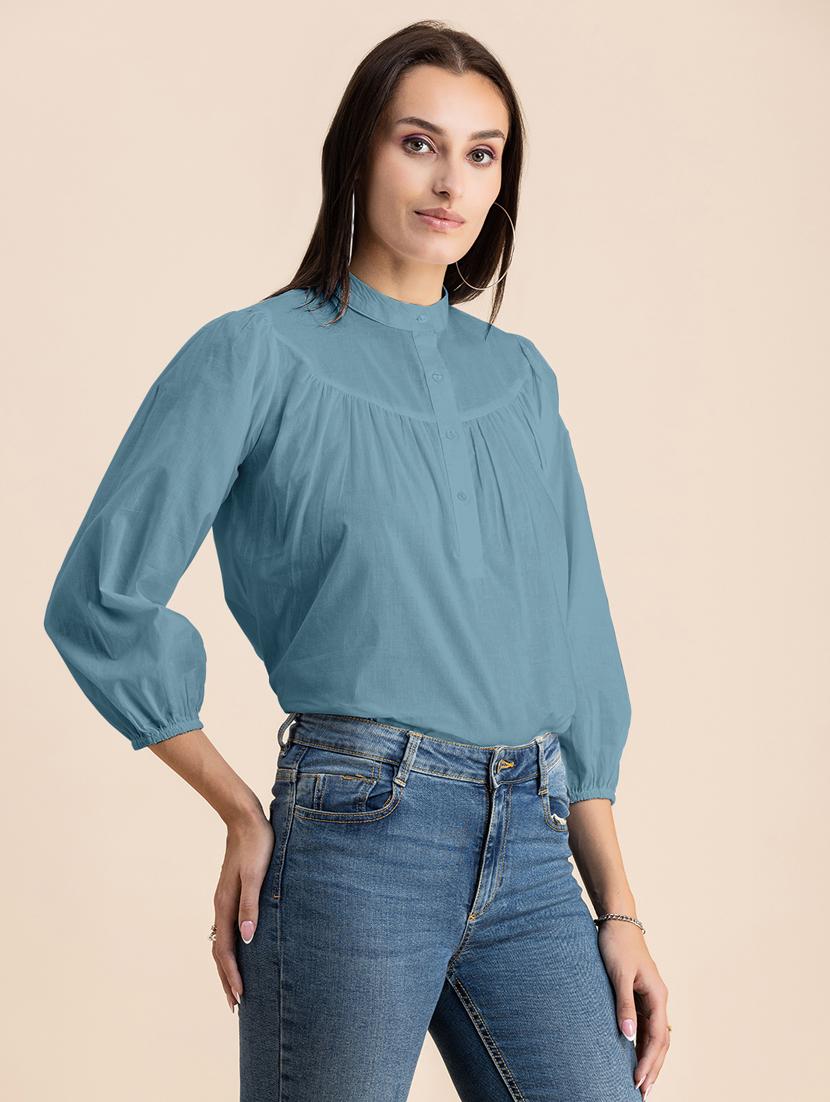 light blue solid puff sleeves regular top - 20325827 - Standard Image - 2