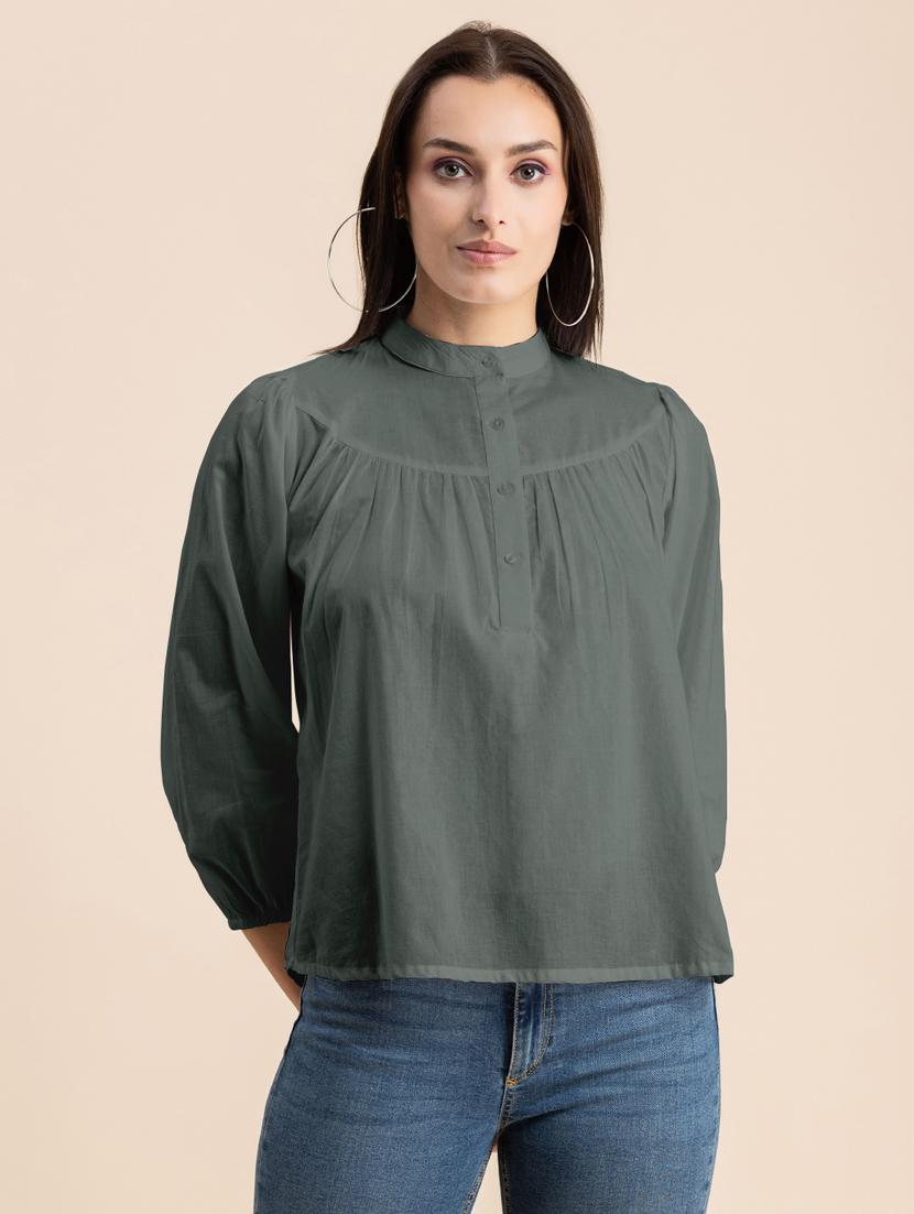 grey solid puff sleeves regular top - 20325828 - Zoom Image - 0