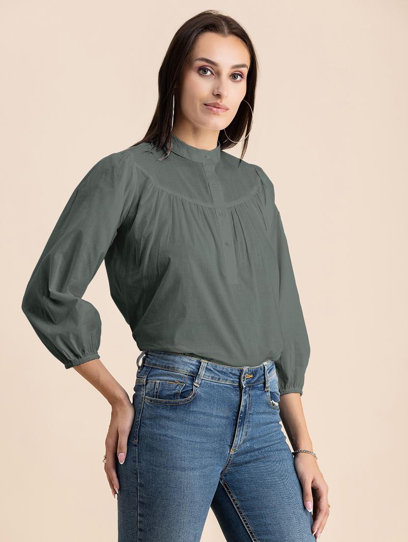 grey solid puff sleeves regular top - 20325828 - Standard Image - 2