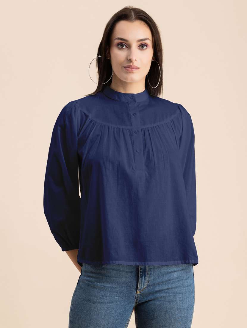 navy blue solid puff sleeves regular top
