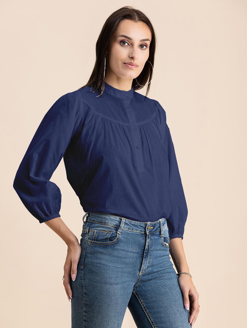 navy blue solid puff sleeves regular top - 20325829 - Standard Image - 2