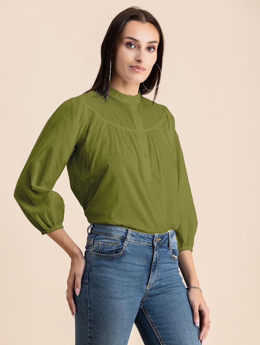 olive solid puff sleeves regular top - 20325830 - Standard Image - 2