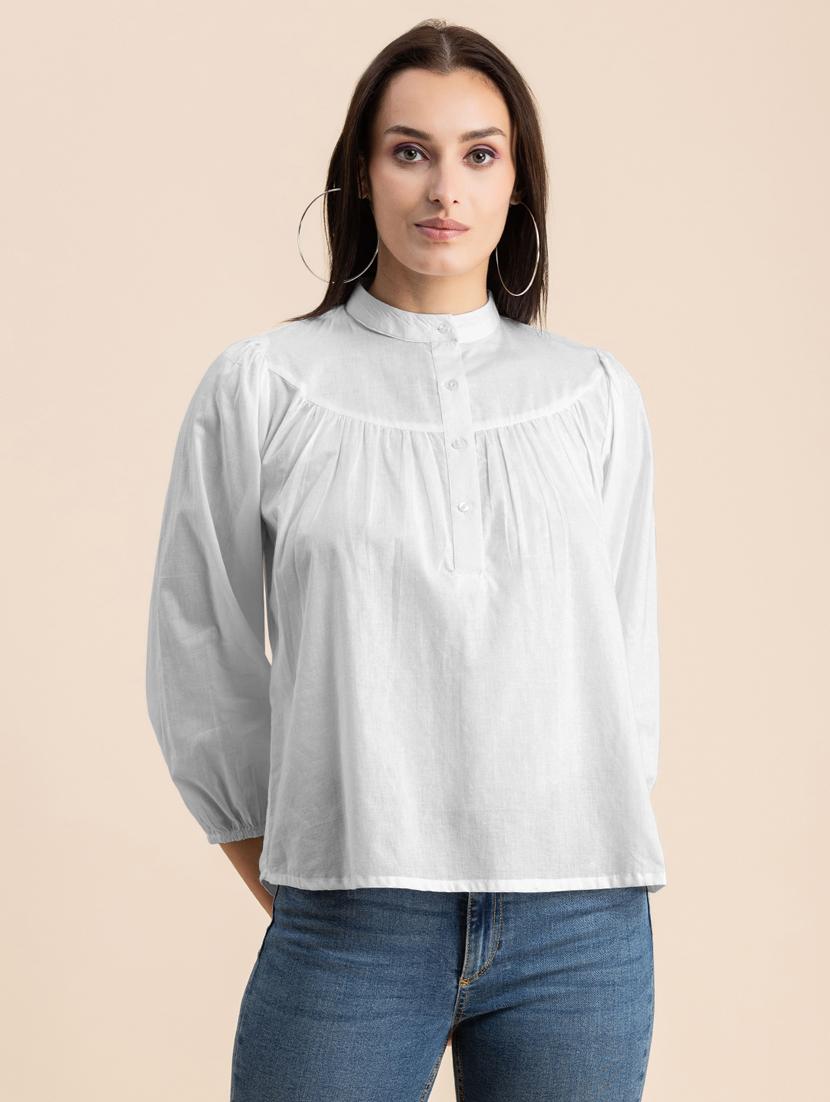 white solid puff sleeves regular top - 20325831 -  Zoom Image - 0