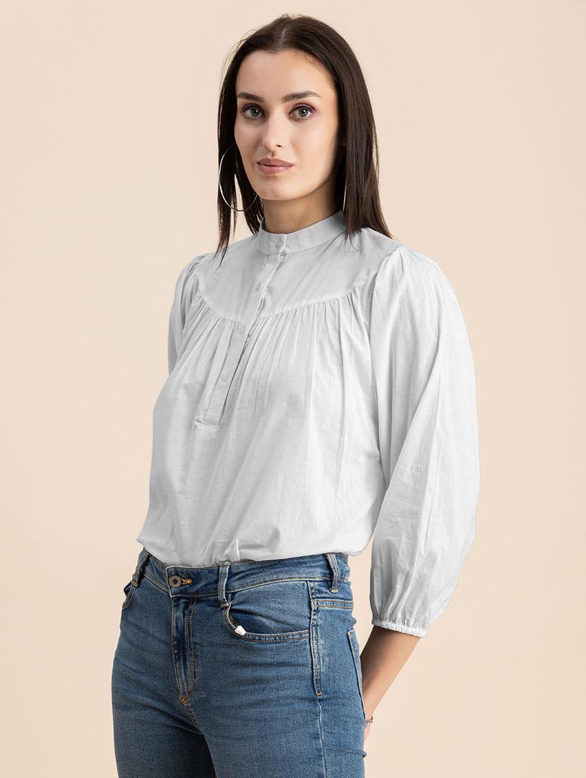 white solid puff sleeves regular top - 20325831 - Standard Image - 2