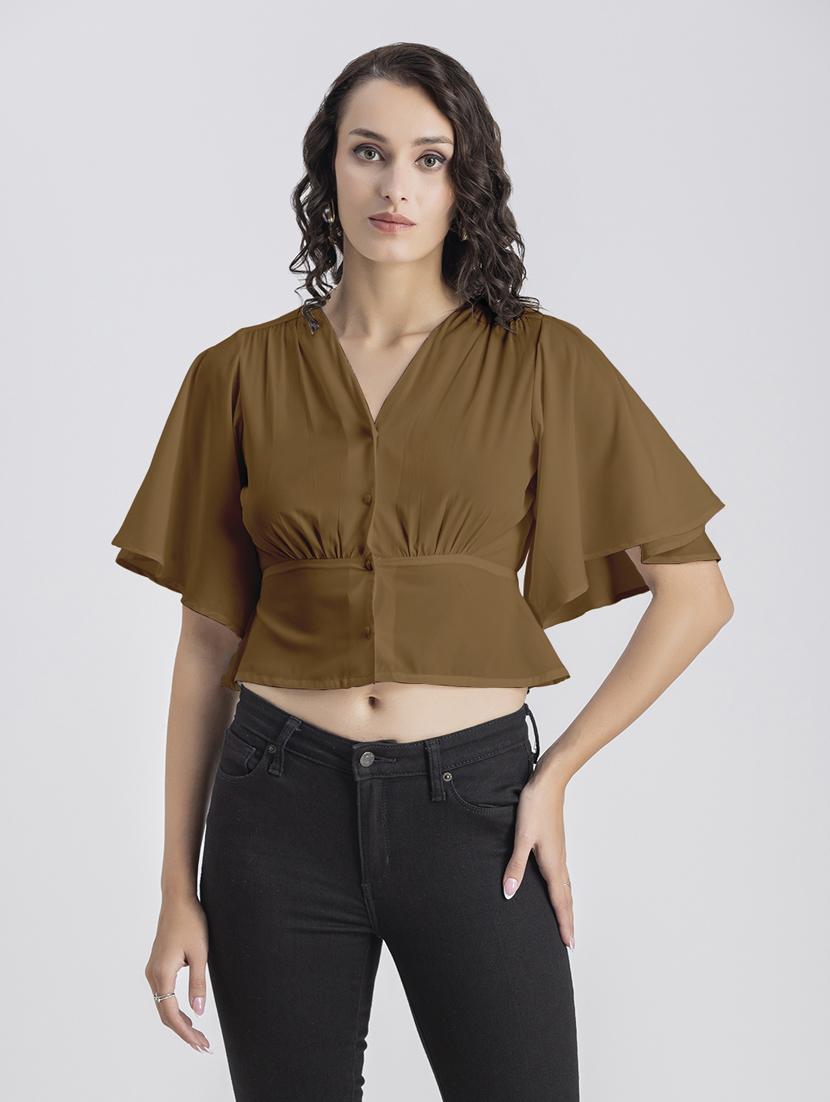 brown solid bell sleeves crop top - 20325832 - Zoom Image - 0