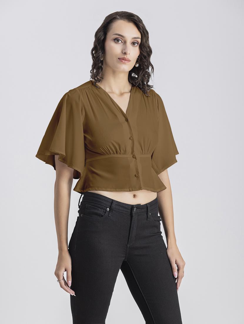 brown solid bell sleeves crop top - 20325832 - Standard Image - 2