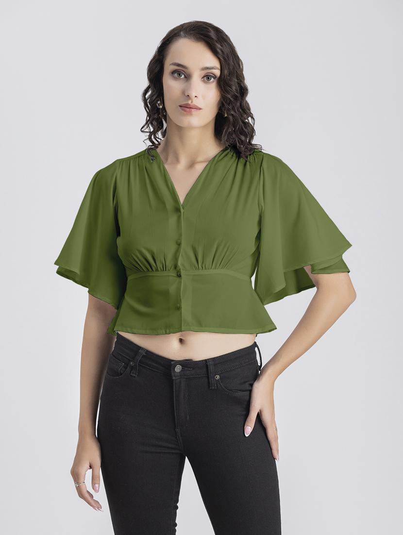 green solid bell sleeves crop top - 20325833 - Zoom Image - 0