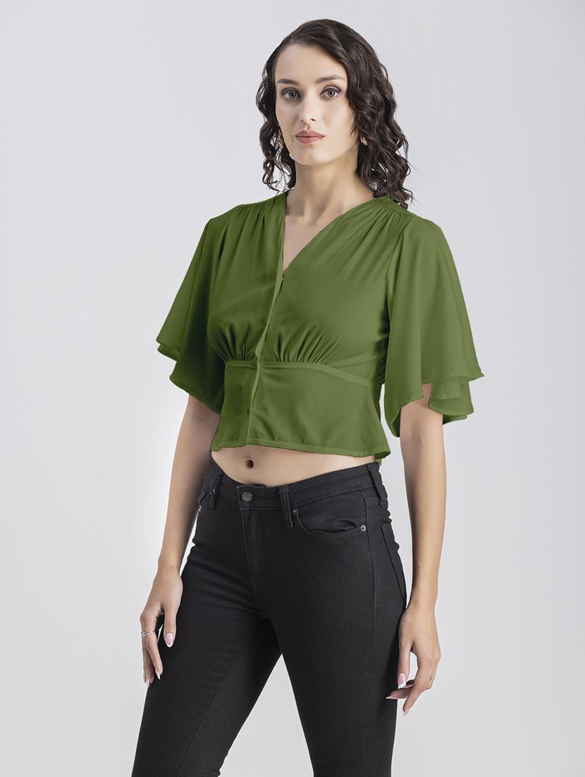 green solid bell sleeves crop top - 20325833 - Standard Image - 2