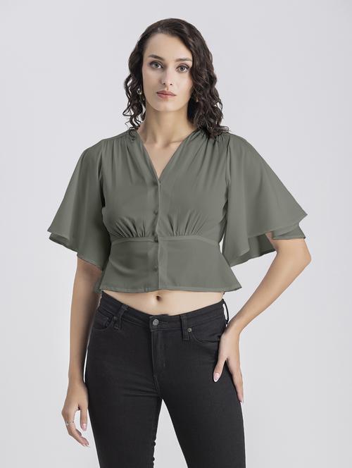 grey solid bell sleeves crop top - 20325834 - Standard Image - 0