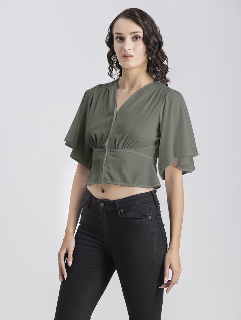 grey solid bell sleeves crop top - 20325834 - Standard Image - 2