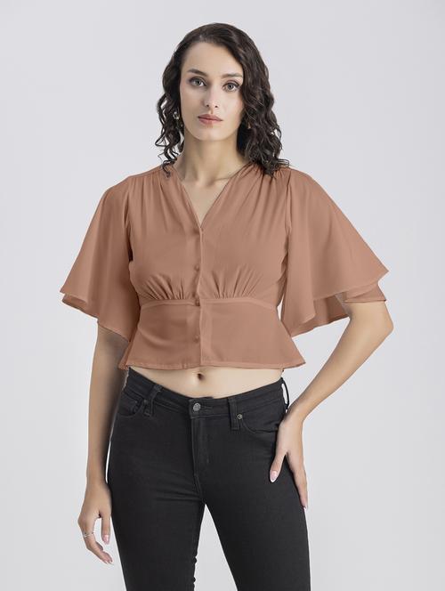 peach solid bell sleeves crop top - 20325835 -  Standard Image - 0
