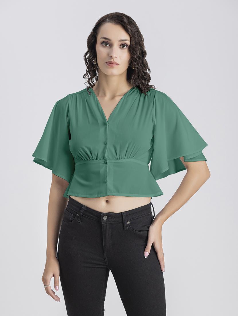 green solid bell sleeves crop top - 20325836 - Zoom Image - 0