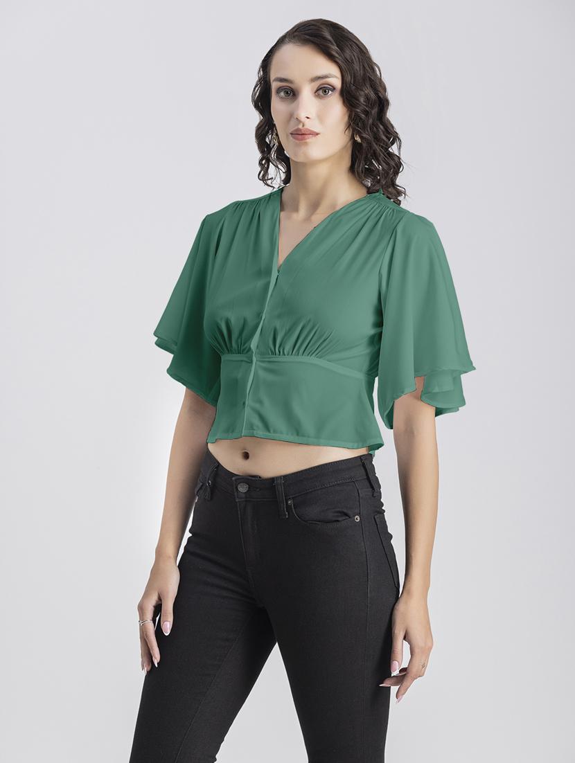 green solid bell sleeves crop top - 20325836 - Standard Image - 2