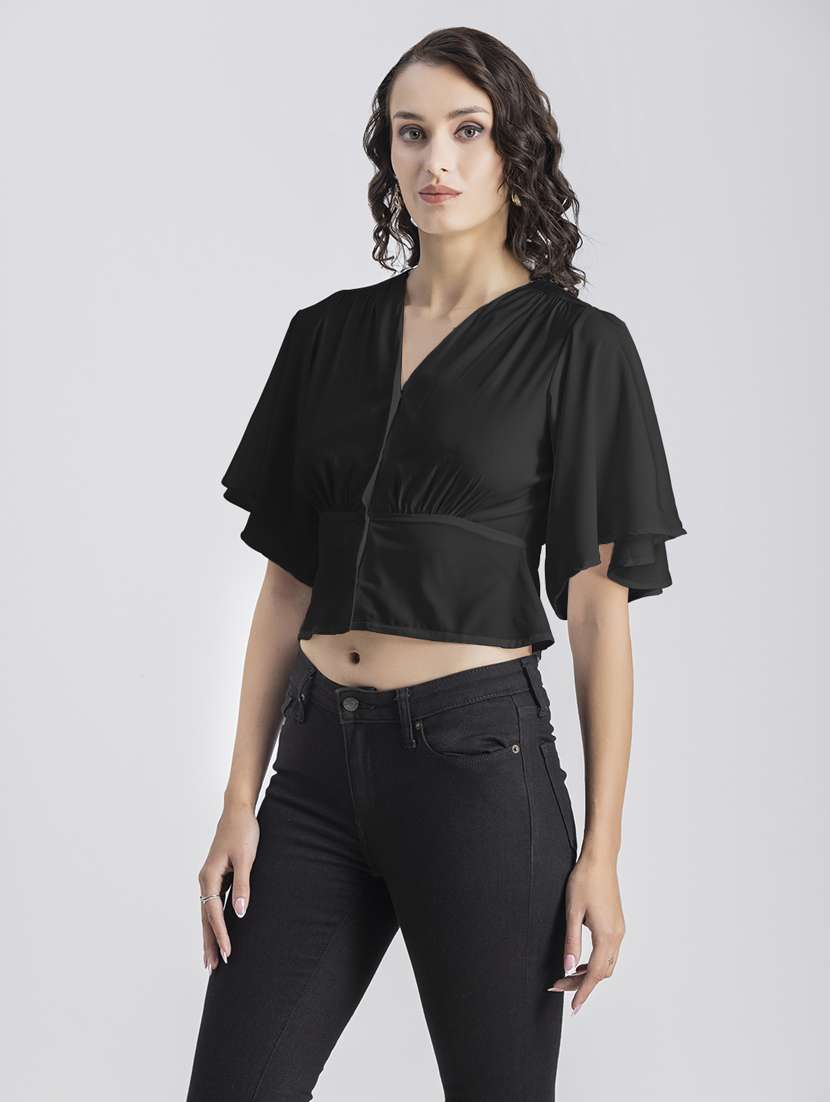 black solid bell sleeves crop top - 20325837 - Standard Image - 2