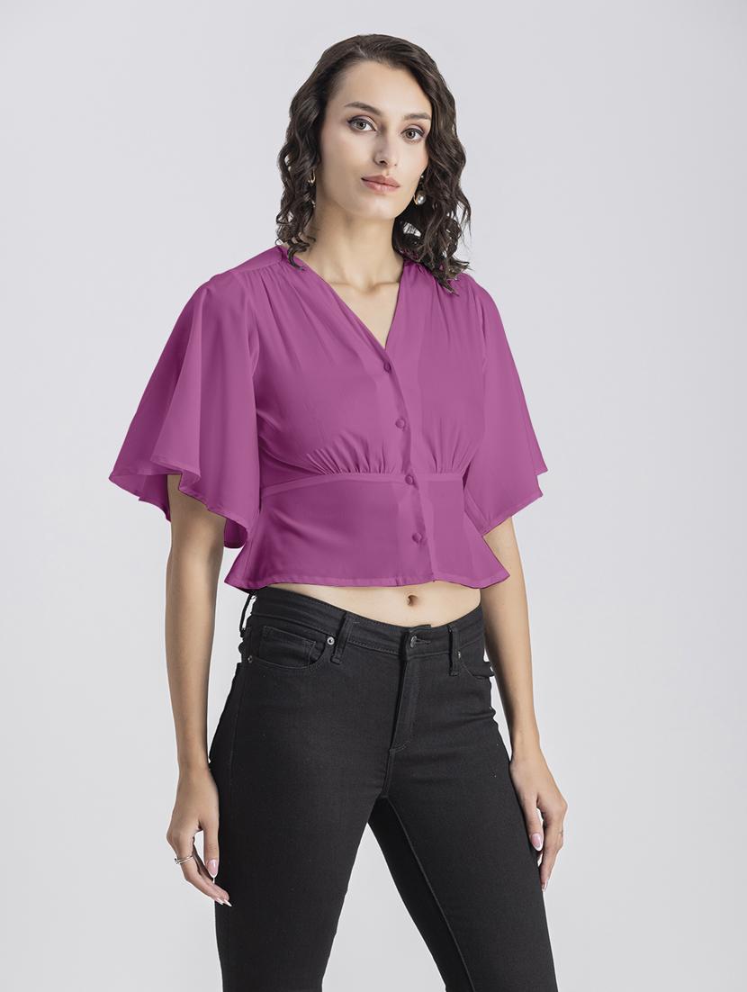 pink solid bell sleeves crop top - 20325838 - Standard Image - 2