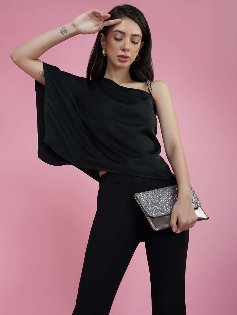 black solid single shoulder regular top - 20327713 -  Standard Image - 2