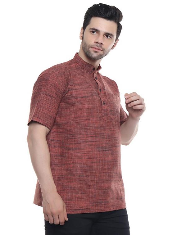men rust orange self design cotton short kurta - 20329810 - Standard Image - 2