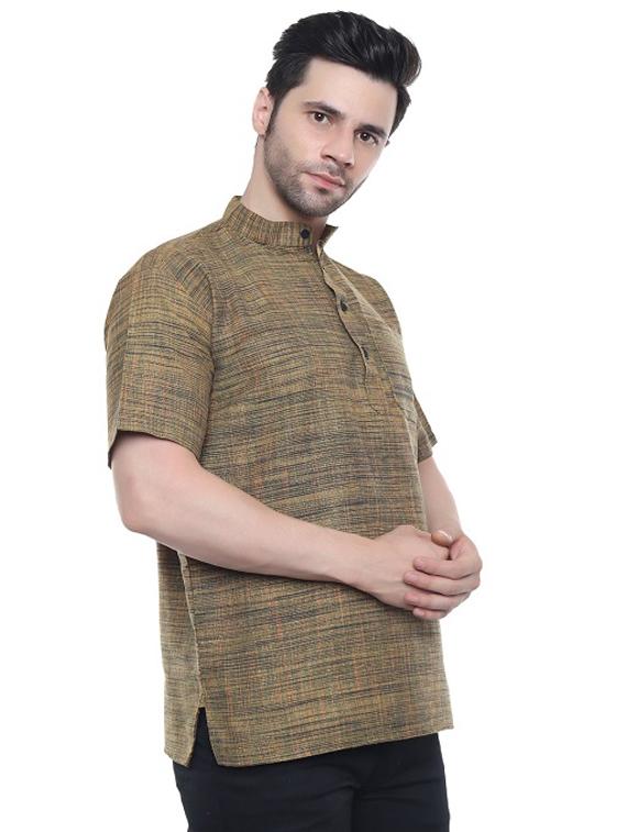 men olive self design cotton short kurta - 20329812 - Standard Image - 2
