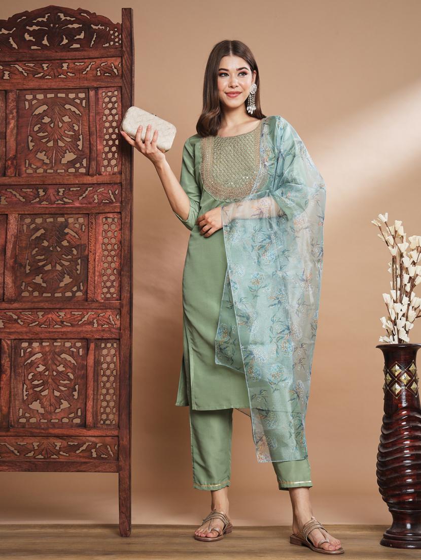 women three quarter sleeve kurta pant with dupatta set - 20329885 - Zoom Image - 0